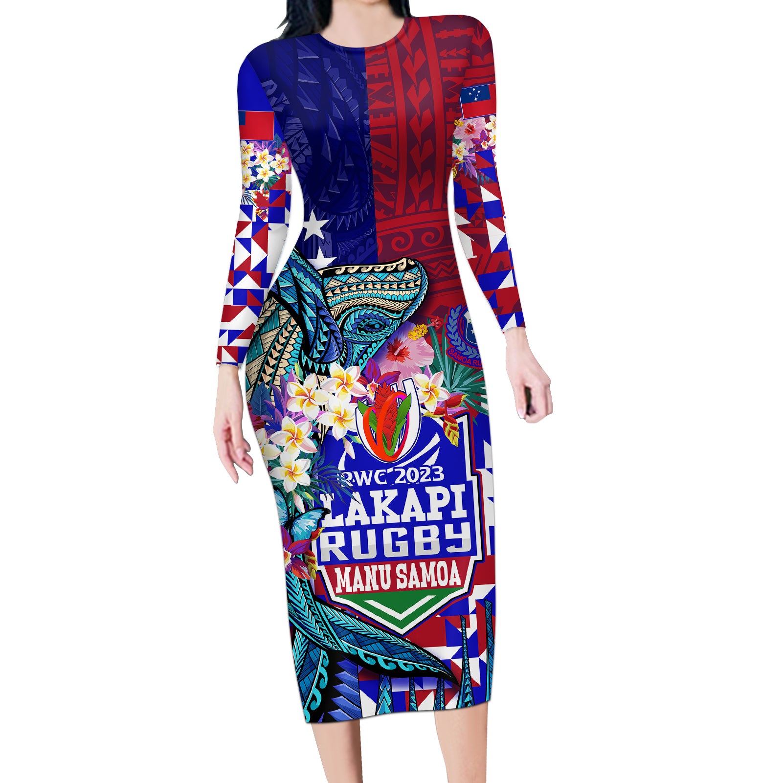 Manu Samoa Rugby 2023 Long Sleeve Bodycon Dress Humpback Whale Hexagon Tribal Tropical Style - Wonder Print Shop