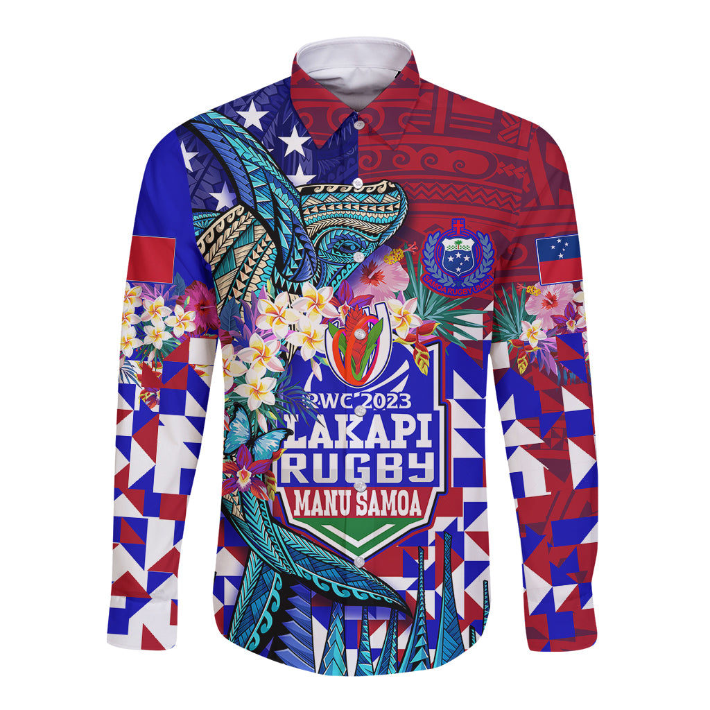 Manu Samoa Rugby 2023 Long Sleeve Button Shirt Humpback Whale Hexagon Tribal Tropical Style - Wonder Print Shop