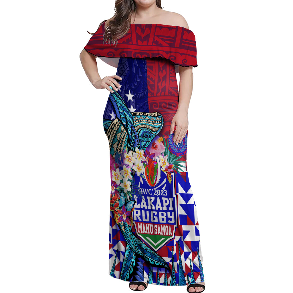 Manu Samoa Rugby 2023 Off Shoulder Maxi Dress Humpback Whale Hexagon Tribal Tropical Style - Wonder Print Shop