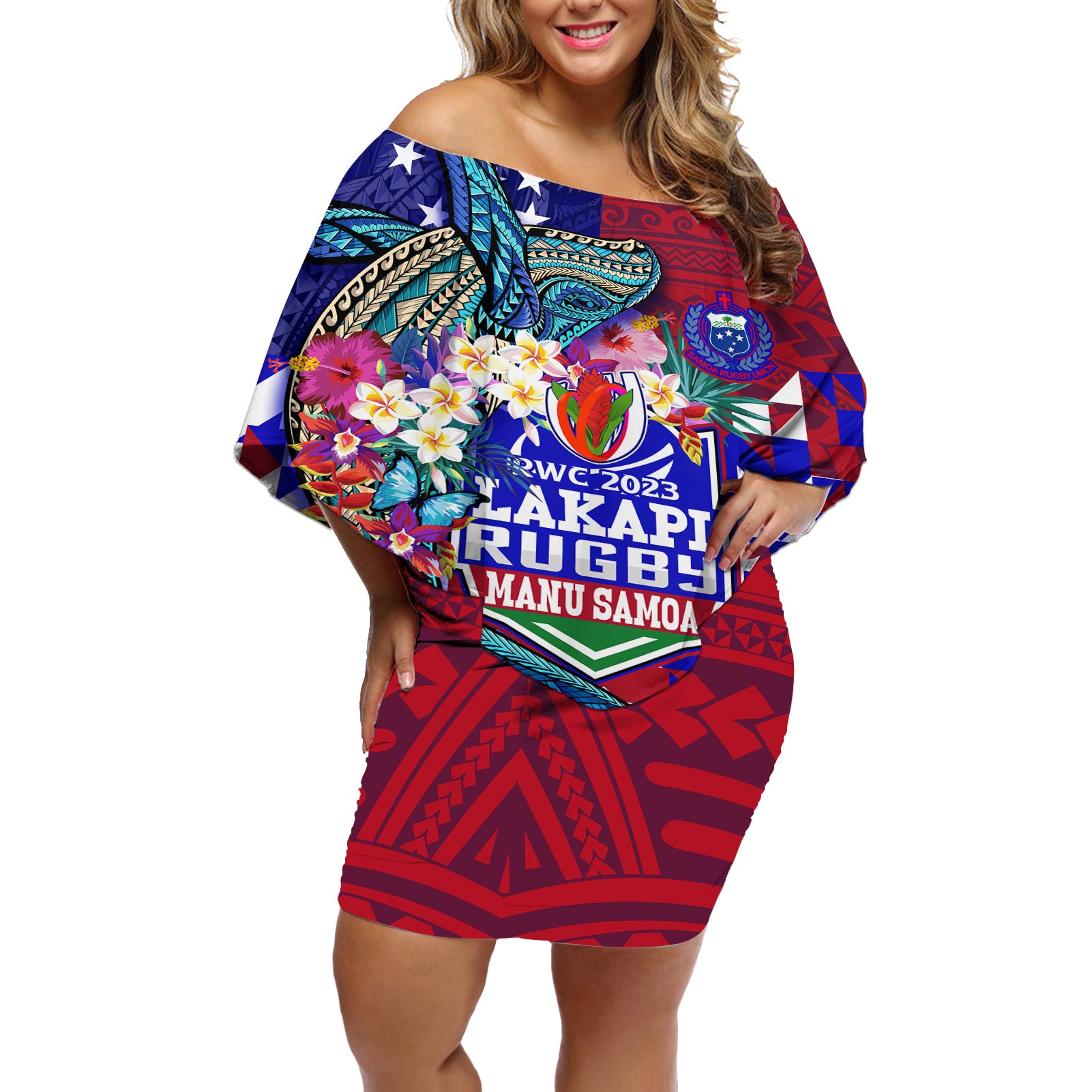 Manu Samoa Rugby 2023 Off Shoulder Short Dress Humpback Whale Hexagon Tribal Tropical Style - Wonder Print Shop