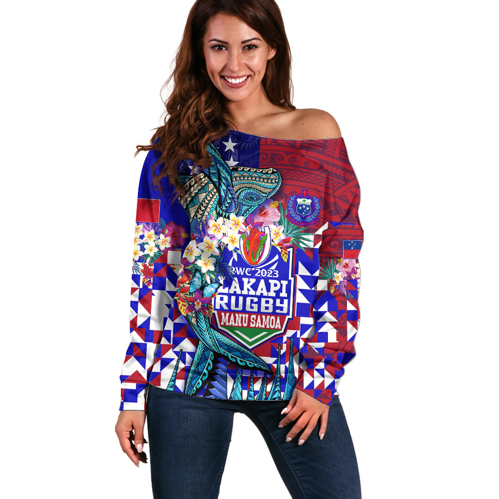 Manu Samoa Rugby 2023 Off Shoulder Sweater Humpback Whale Hexagon Tribal Tropical Style - Wonder Print Shop