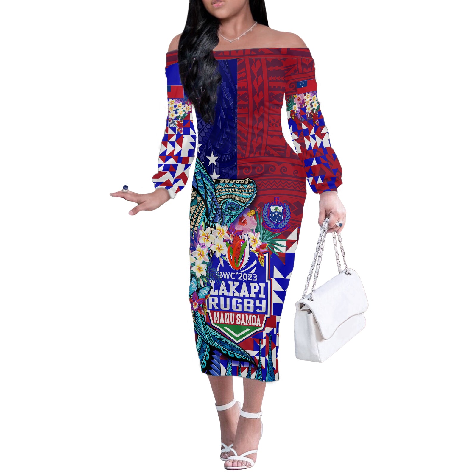 Manu Samoa Rugby 2023 Off The Shoulder Long Sleeve Dress Humpback Whale Hexagon Tribal Tropical Style - Wonder Print Shop