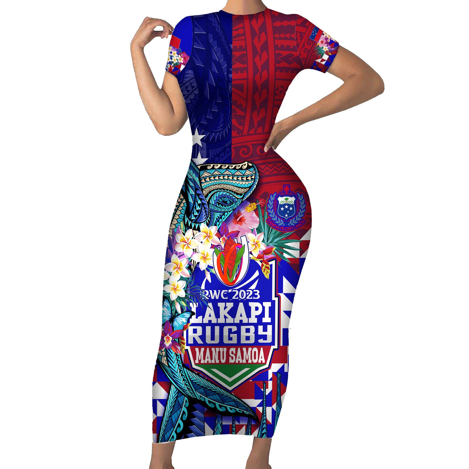 Manu Samoa Rugby 2023 Short Sleeve Bodycon Dress Humpback Whale Hexagon Tribal Tropical Style - Wonder Print Shop