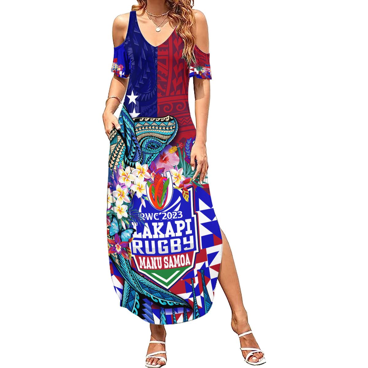 Manu Samoa Rugby 2023 Summer Maxi Dress Humpback Whale Hexagon Tribal Tropical Style - Wonder Print Shop