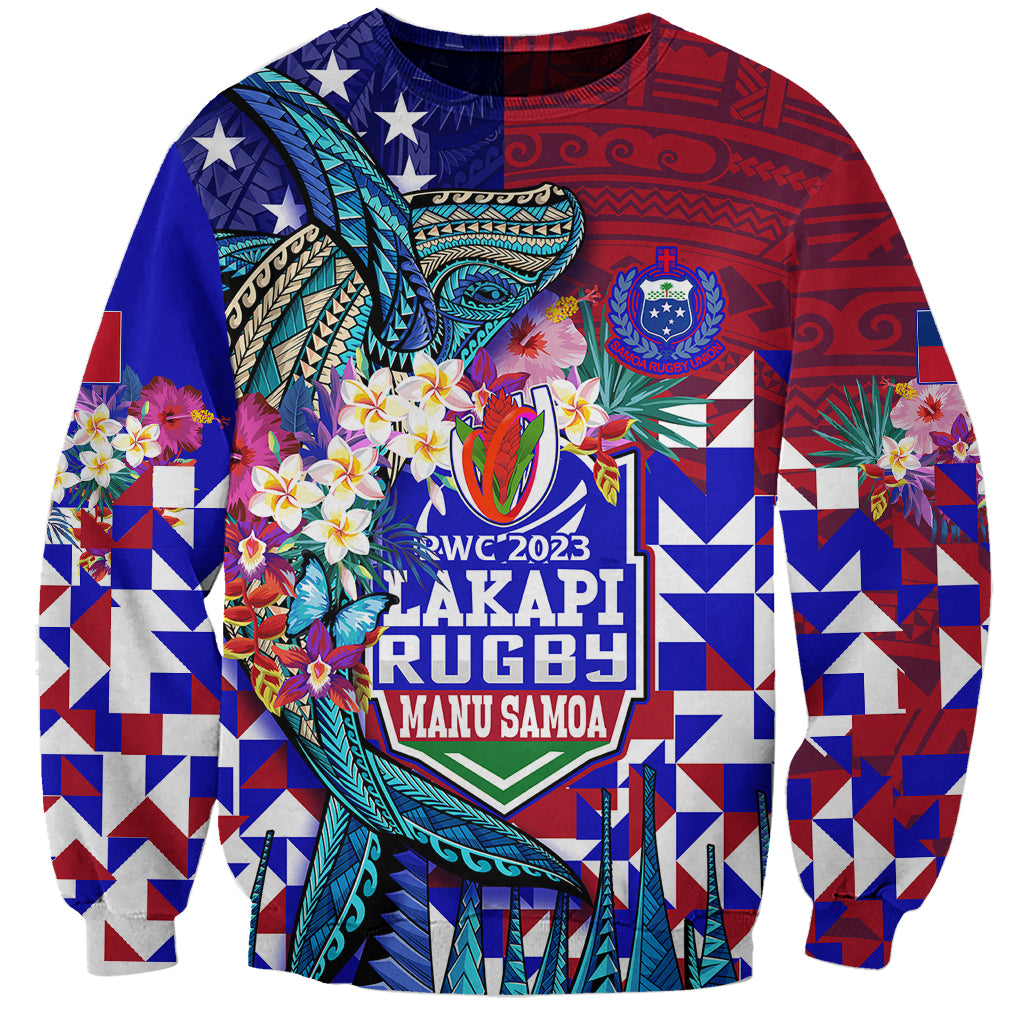 Rugby sweatshirt with red and blue tribal whale graphic and floral patchwork sleeves