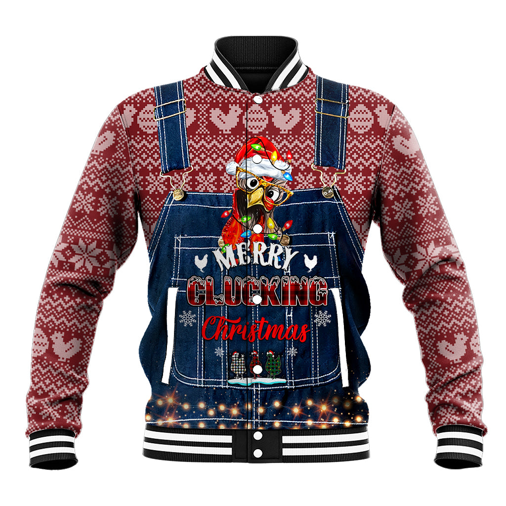 Unisex chicken-themed baseball jacket with denim front bib and Santa hat print