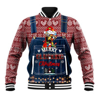 Unisex chicken-themed baseball jacket with denim front bib and Santa hat print