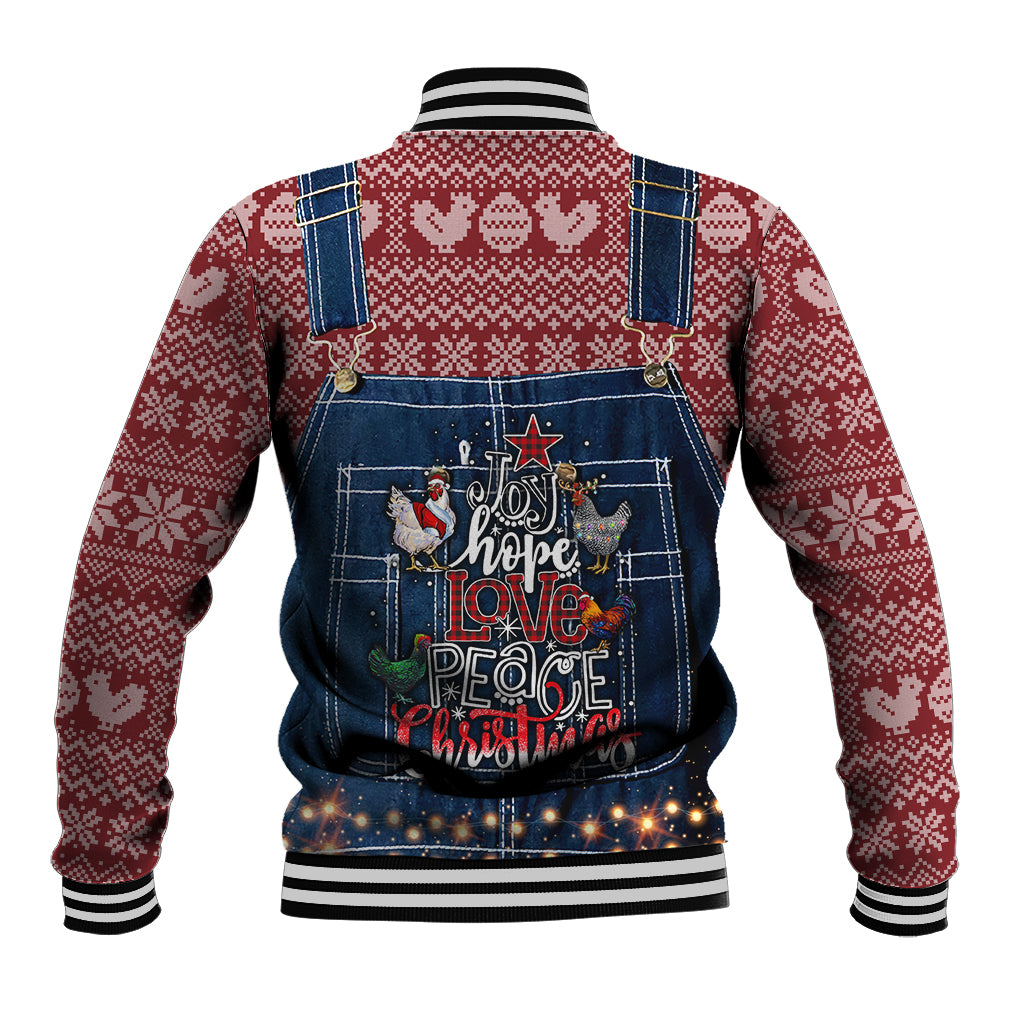Unisex chicken-themed baseball jacket, back graphic with peace, love, and Christmas text