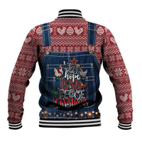 Unisex chicken-themed baseball jacket, back graphic with peace, love, and Christmas text