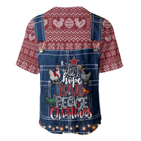 Christmas baseball jersey with “Joy hope love peace” text and blue denim overalls