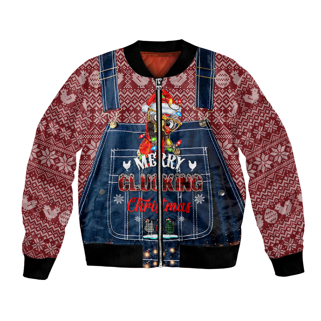Unisex bomber jacket with maroon knit sleeves and blue denim front graphic, full zip