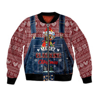Unisex bomber jacket with maroon knit sleeves and blue denim front graphic, full zip