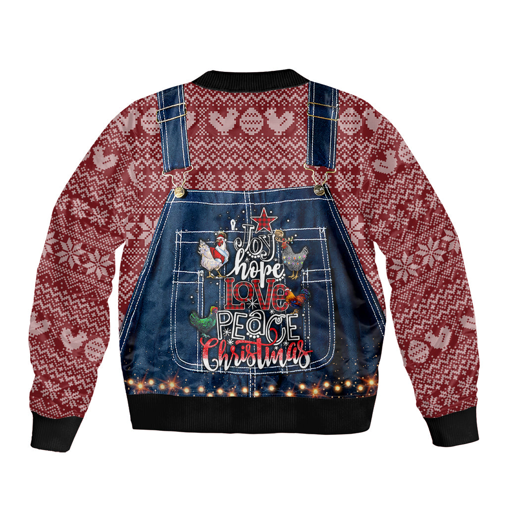 Unisex bomber jacket with maroon knit sleeves and blue denim peace-love Christmas front