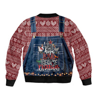 Unisex bomber jacket with maroon knit sleeves and blue denim peace-love Christmas front