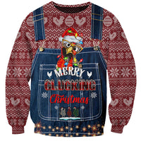 Unisex chicken Christmas sweatshirt with Santa hat graphic, denim overalls design