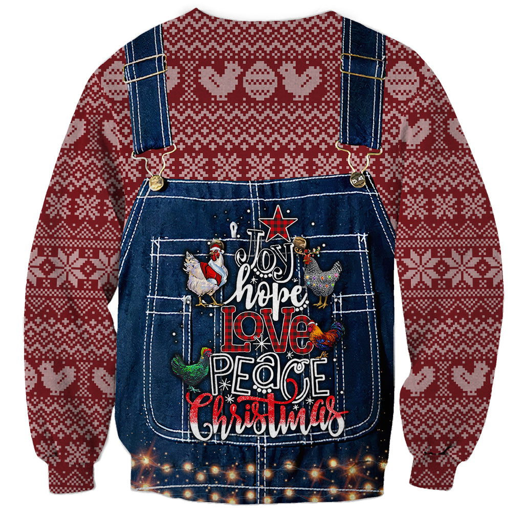 Unisex chicken Christmas sweatshirt with denim overalls and Joy Hope Love Peace graphic