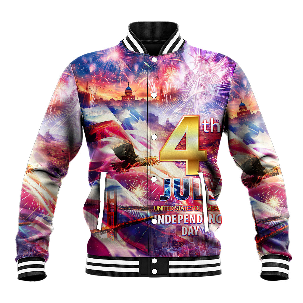Unisex baseball jacket with colorful 4th of July print, striped rib collar, snap buttons