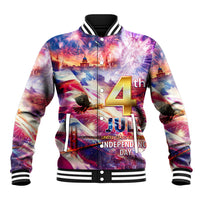 Unisex baseball jacket with colorful 4th of July print, striped rib collar, snap buttons