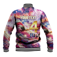 Unisex baseball jacket, back print with 'YOUR TEXT' and large 4th graphic, striped rib collar