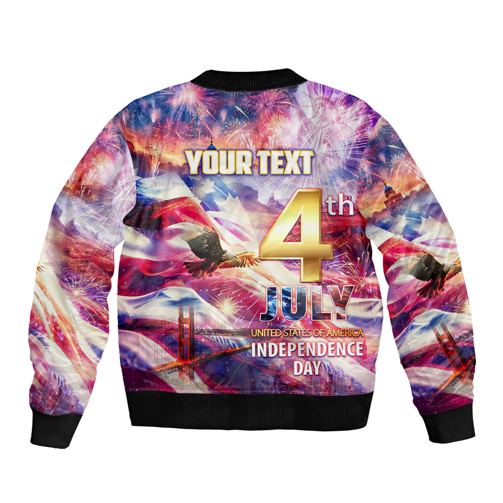 Unisex bomber jacket with zip front, black rib trim, 'YOURTEXT' over 4th July graphic