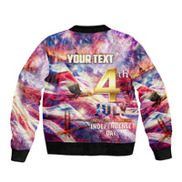 Unisex bomber jacket with zip front, black rib trim, 'YOURTEXT' over 4th July graphic