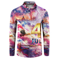 Men's button-front sweatshirt with large 4, JULY, Independence Day graphic and fireworks