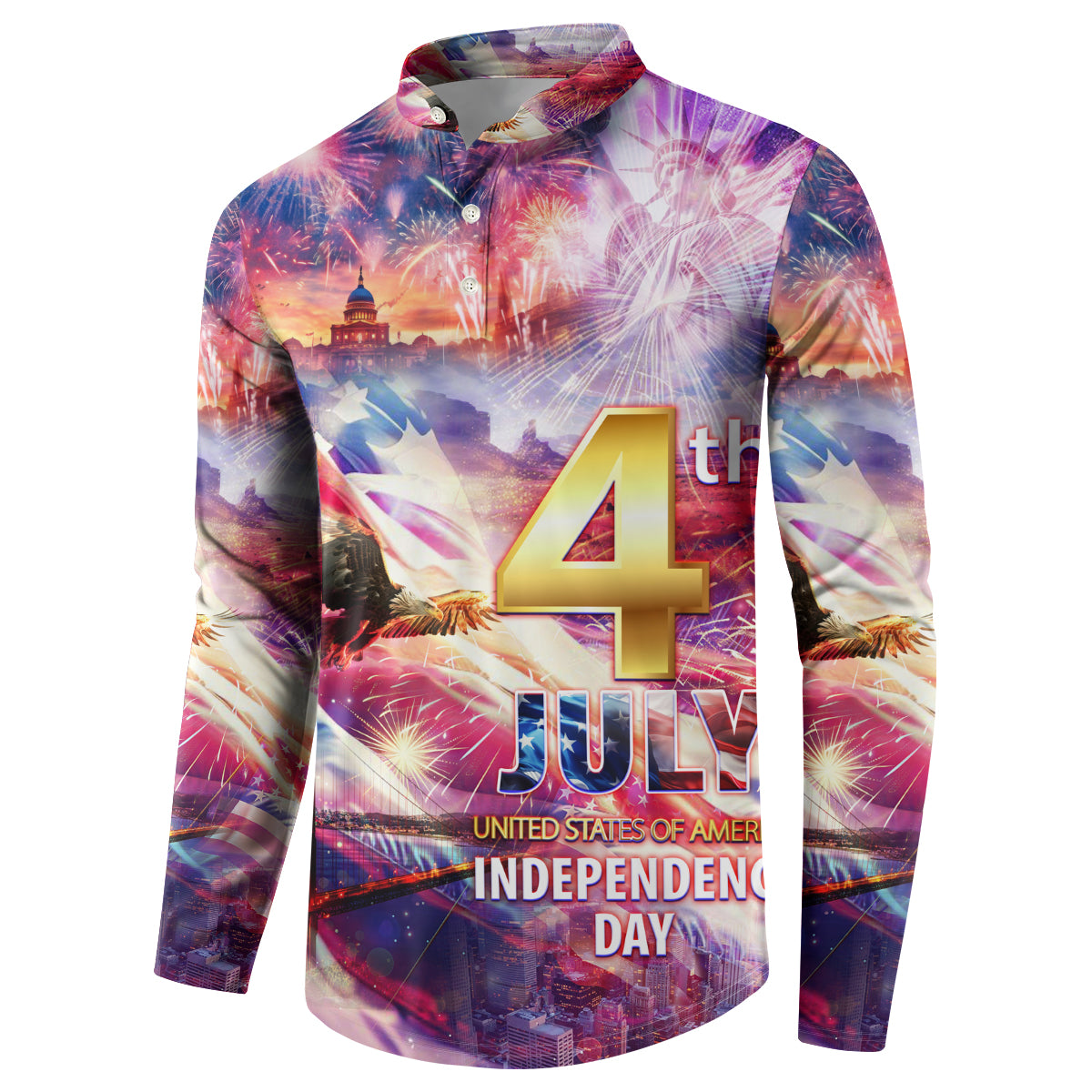 Men's button-front sweatshirt front graphic featuring large 4, JULY, and Independence Day