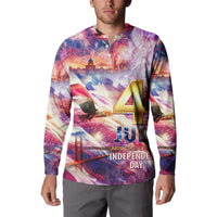 Men's button-front sweatshirt worn by model; colorful Independence Day 4 and JULY print