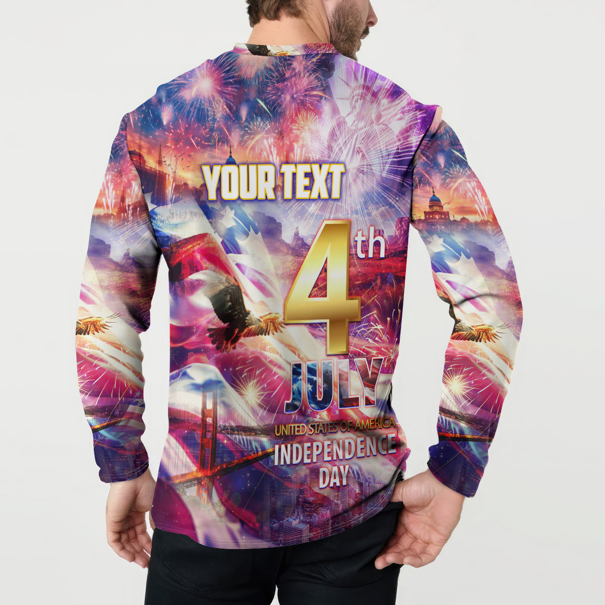 Men's button-front sweatshirt back with YOUR TEXT, big 4 and JULY plus Independence Day