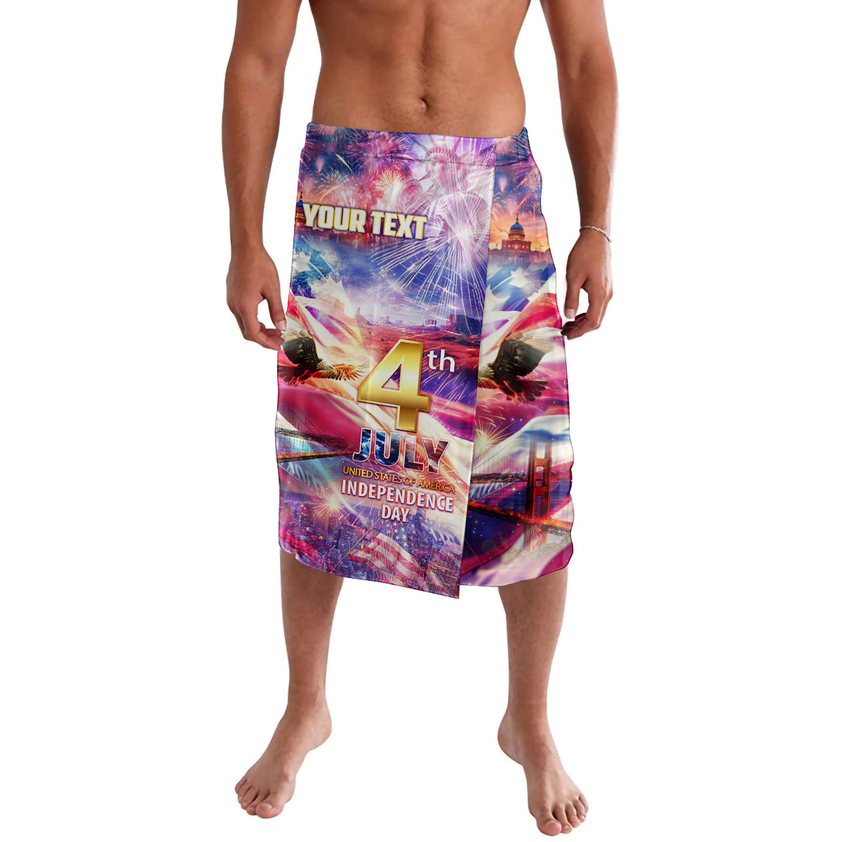 Mens custom 4th of July lavalava with fireworks graphics and 'YOUR TEXT'