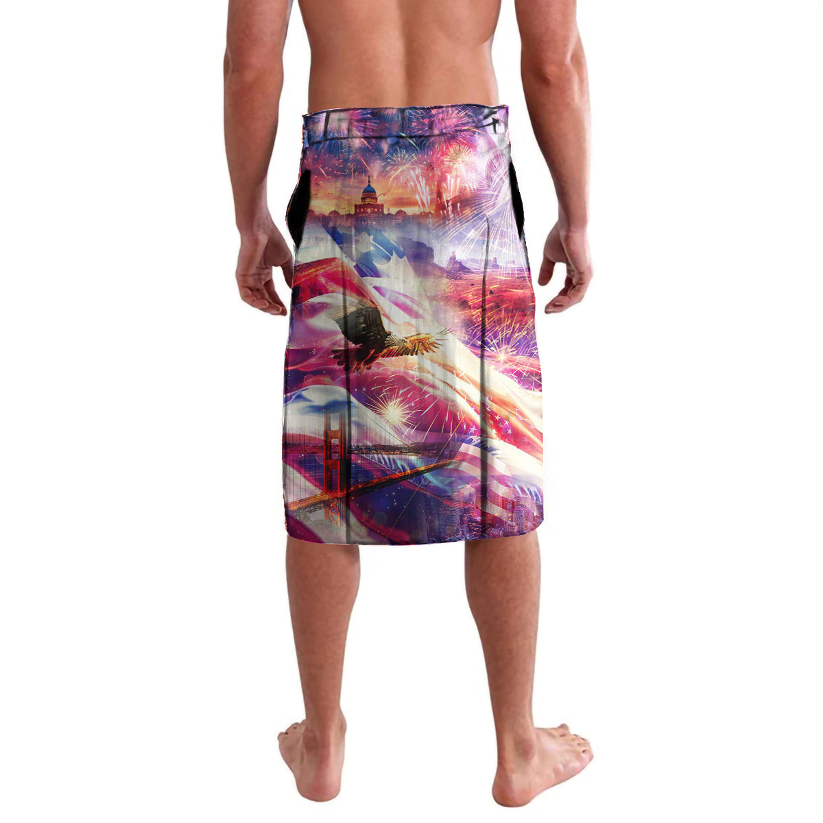 Mens custom 4th of July lavalava with patriotic scene print and elastic waist