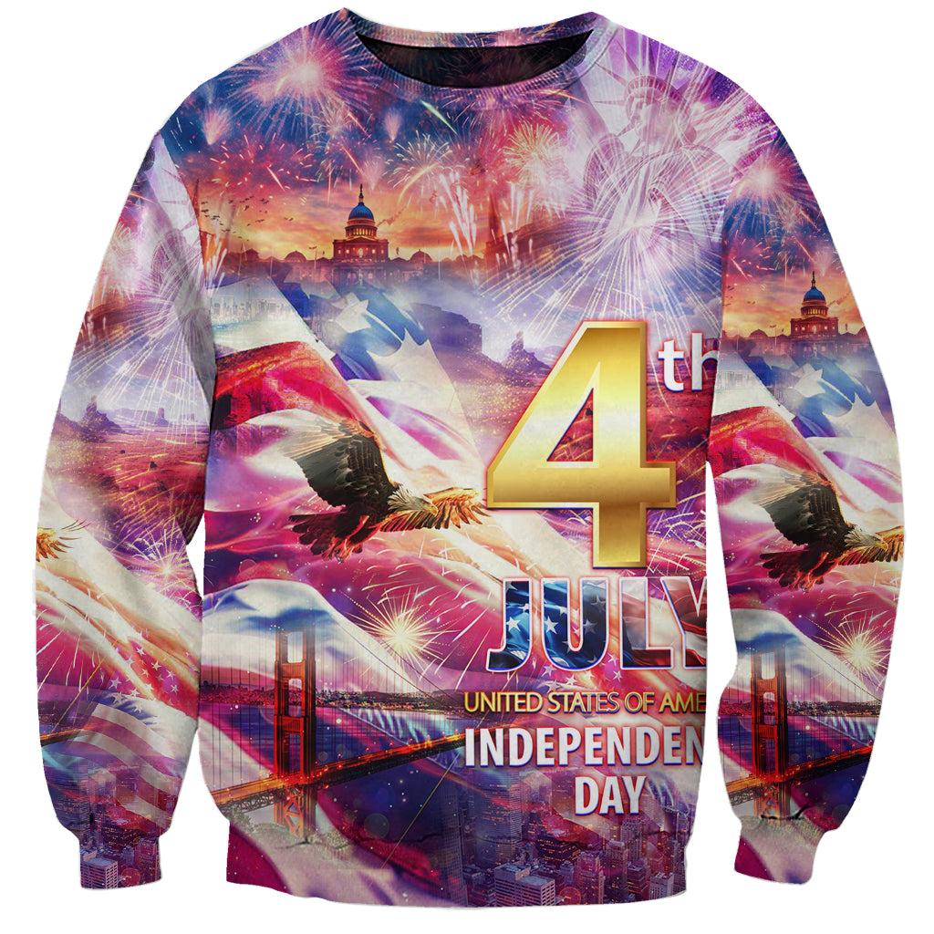 Unisex Independence Day sweatshirt with fireworks, “4th JULY” print, and skyline