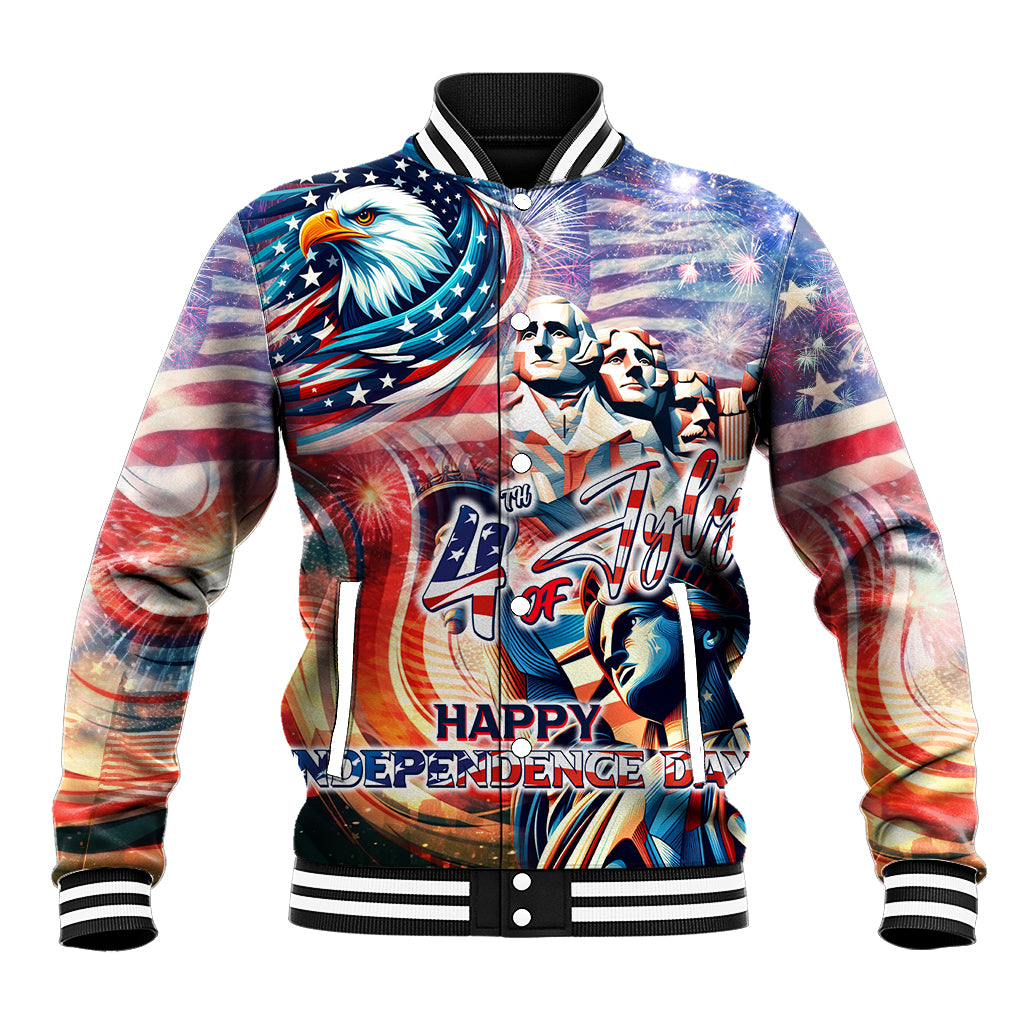 Unisex patriotic baseball jacket with eagle, stars, and Independence Day print, front.