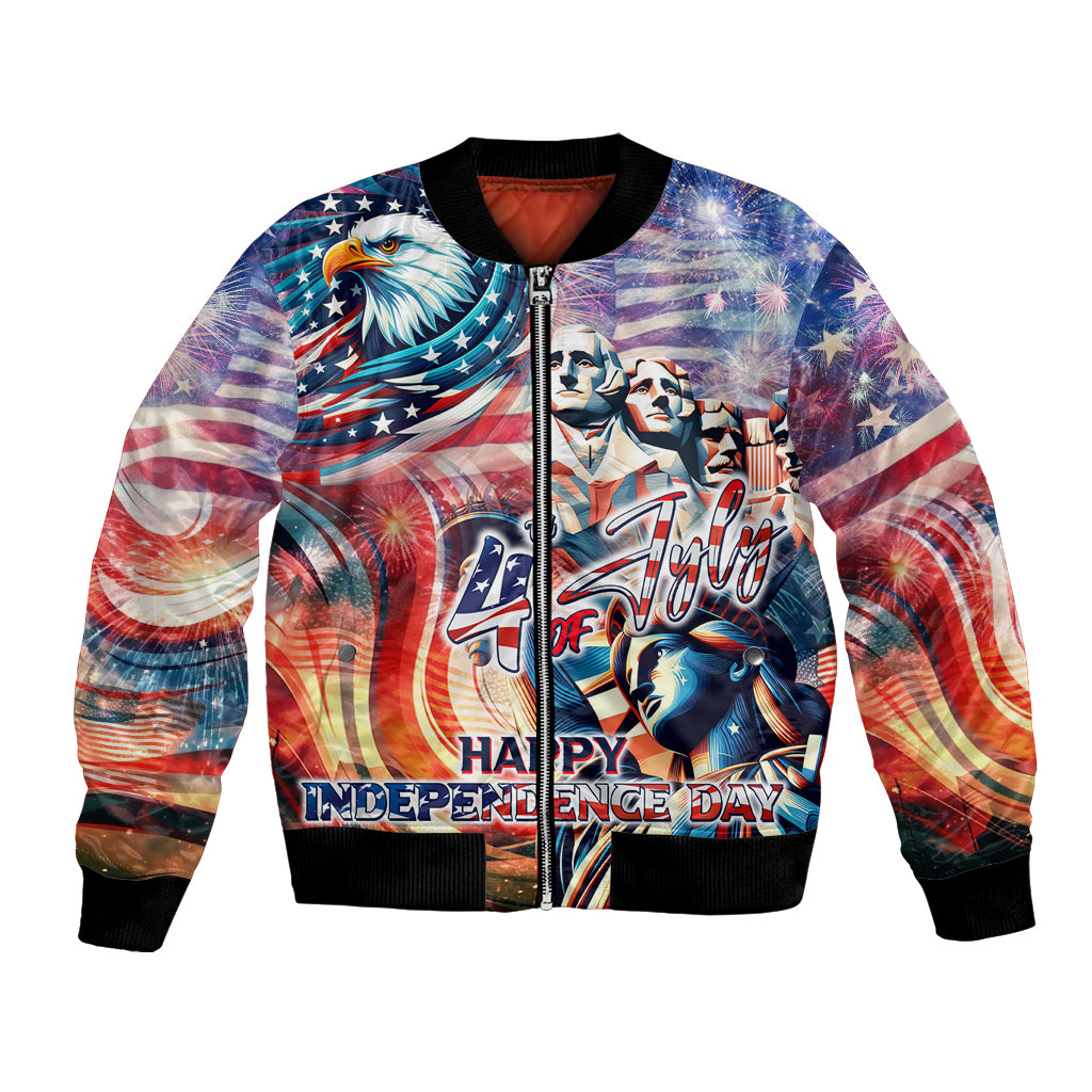 Unisex bomber jacket with Liberty, eagle, stars-and-stripes graphic; black ribbed trim