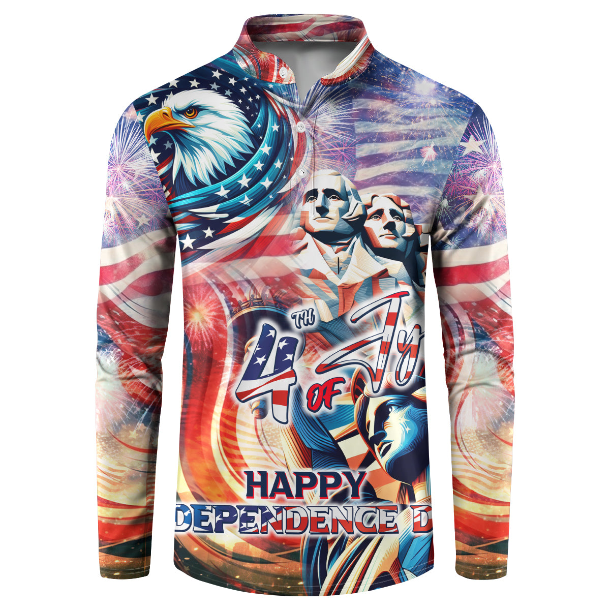 Men's zip-up sweatshirt, front view, patriotic print with fireworks and eagle