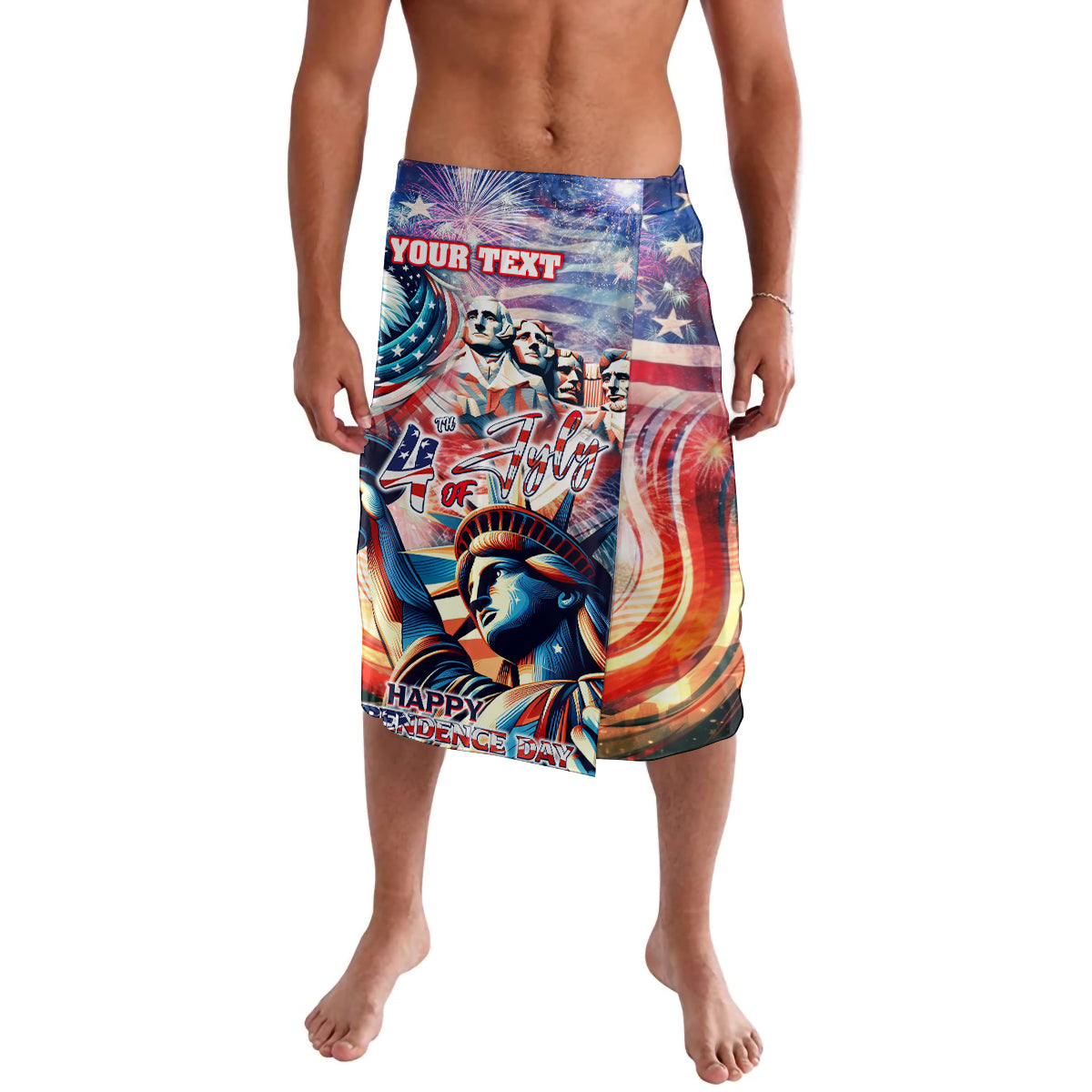 Personalized 4th of July shorts with Statue of Liberty and American flag, YOUR TEXT