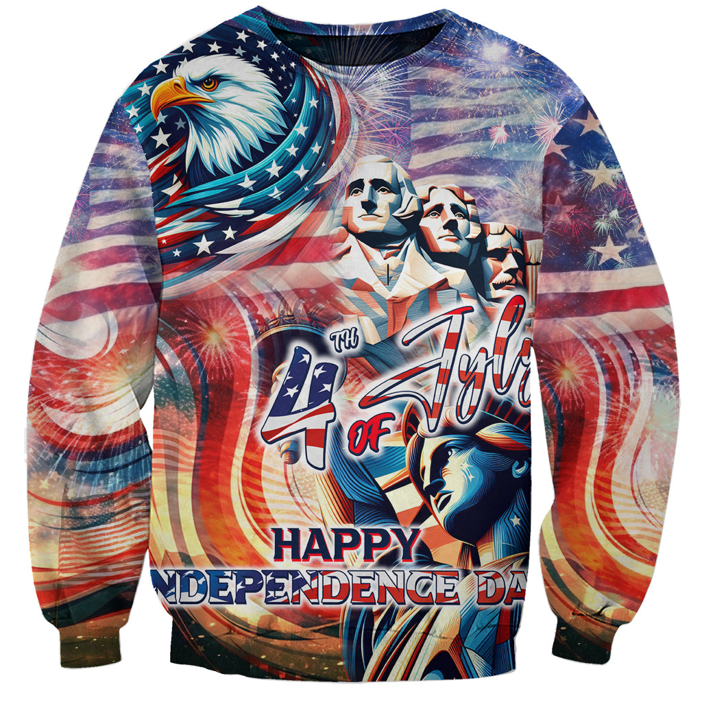 Unisex Independence Day sweatshirt with eagle, patriotic statue art, 'Happy Independence Day' graphic