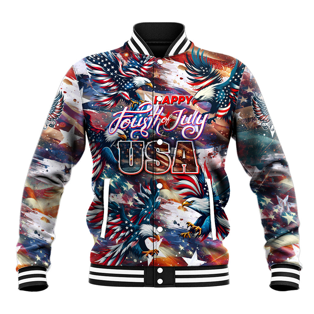 Unisex baseball jacket with navy red white fireworks and star graphic, button front
