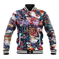 Unisex baseball jacket with navy red white fireworks and star graphic, button front