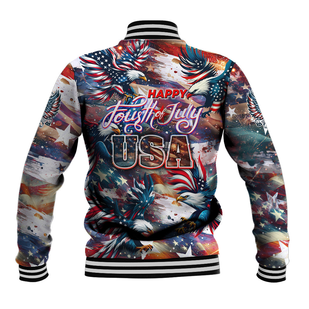 Unisex baseball jacket back view with Happy Fourth of July USA star-spangled artwork