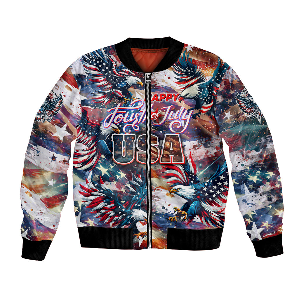 Unisex bomber jacket with patriotic eagle, stars, stripes, “Happy Fourth of July USA” front zip