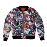 Unisex bomber jacket with patriotic eagle, stars, stripes, “Happy Fourth of July USA” front zip