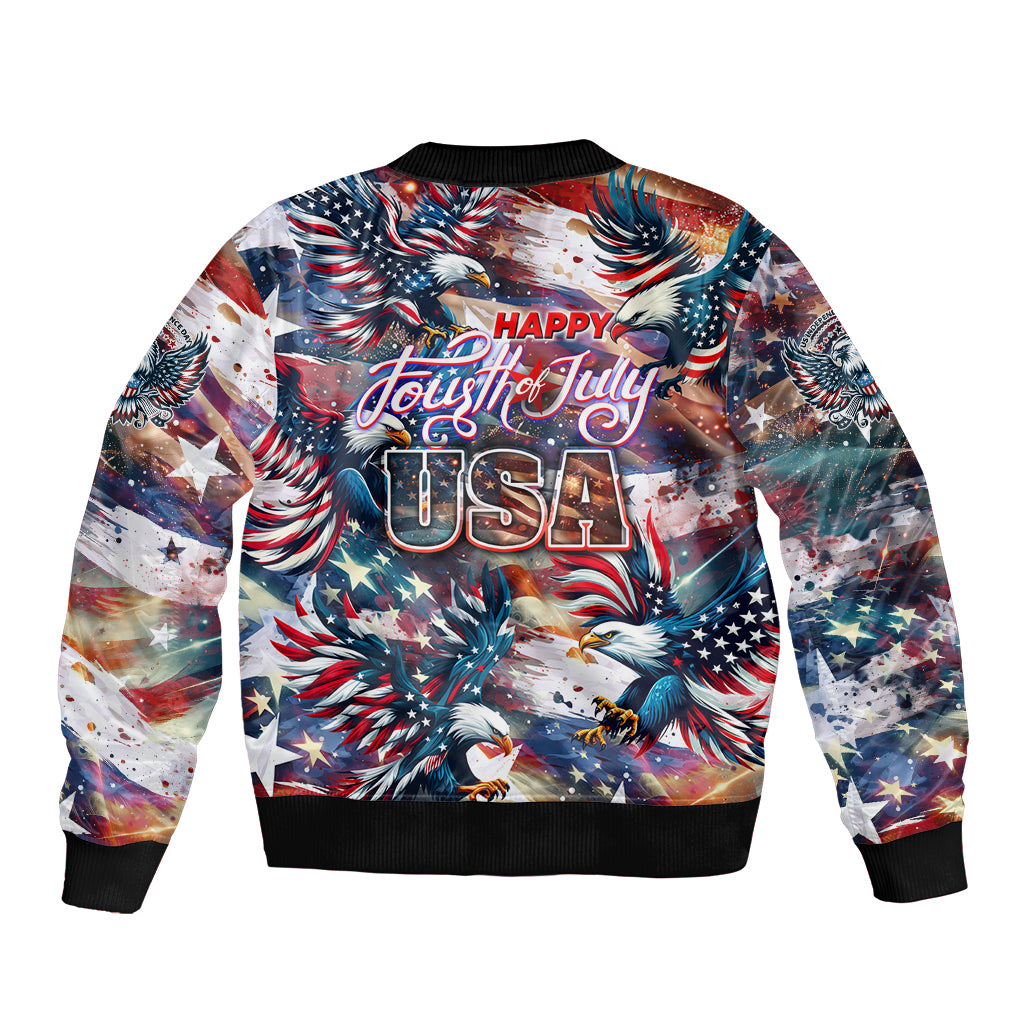 Unisex bomber jacket front with ribbed cuffs, “Happy Fourth of July USA” graphic of stars and eagle