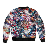 Unisex bomber jacket front with ribbed cuffs, “Happy Fourth of July USA” graphic of stars and eagle