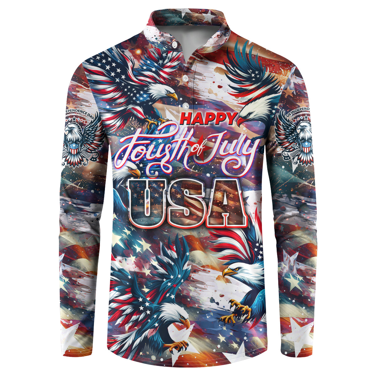 Button-up sweatshirt with patriotic eagle, stars, and multicolor 'USA' graphic