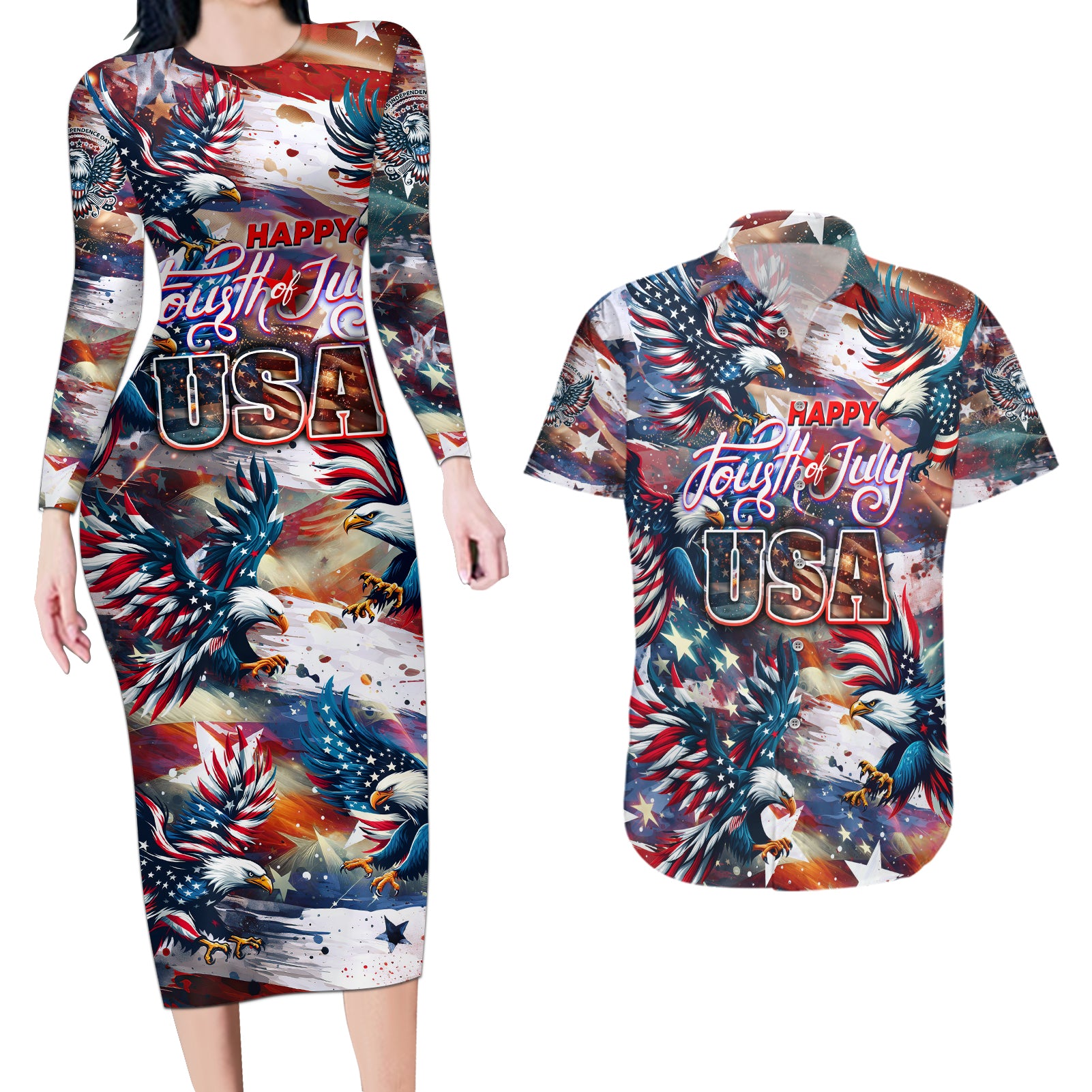 Happy Fourth of July Couples Matching Long Sleeve Bodycon Dress and Hawaiian Shirt American Eagle Flag US Independence Day - Wonder Print Shop