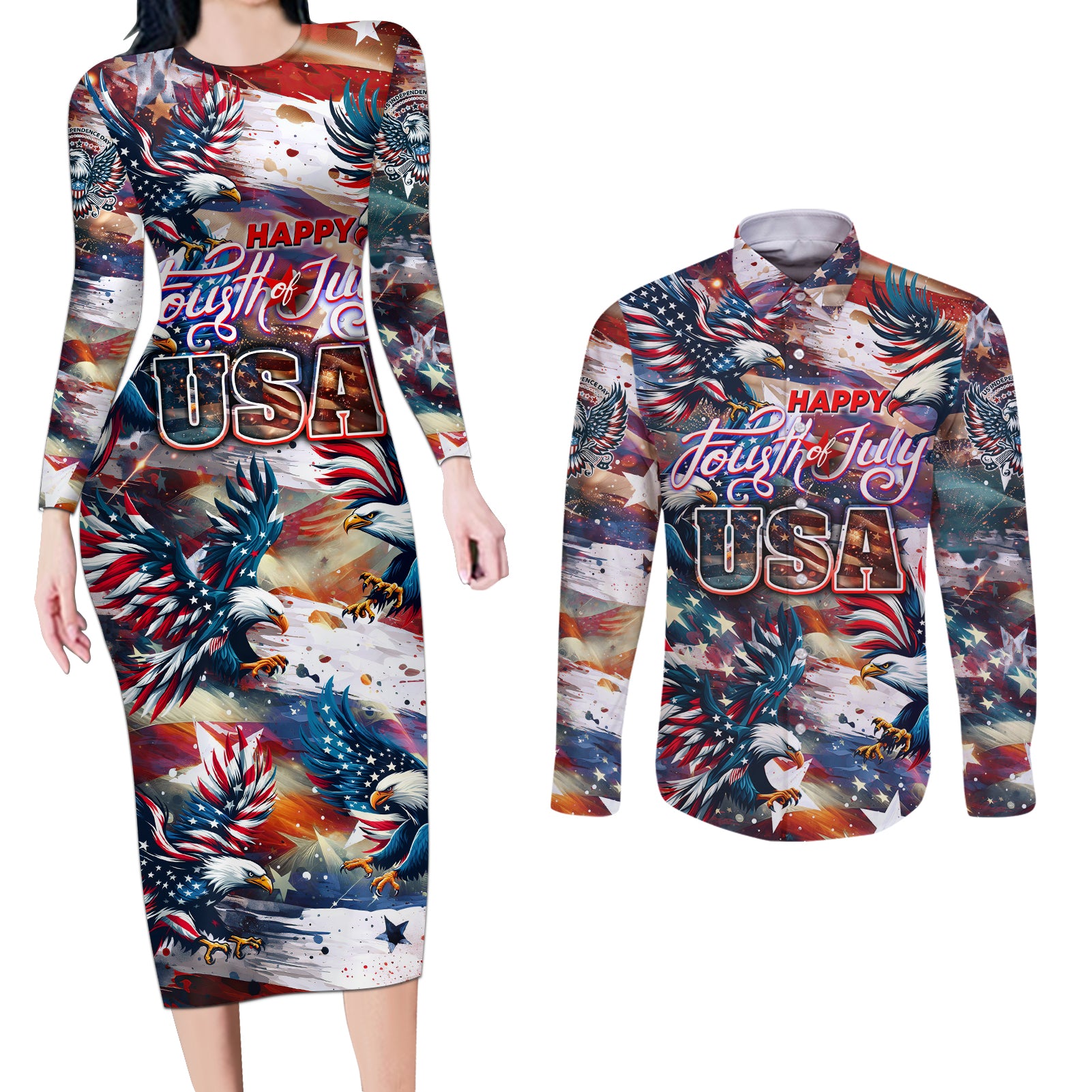 Happy Fourth of July Couples Matching Long Sleeve Bodycon Dress and Long Sleeve Button Shirt American Eagle Flag US Independence Day - Wonder Print Shop