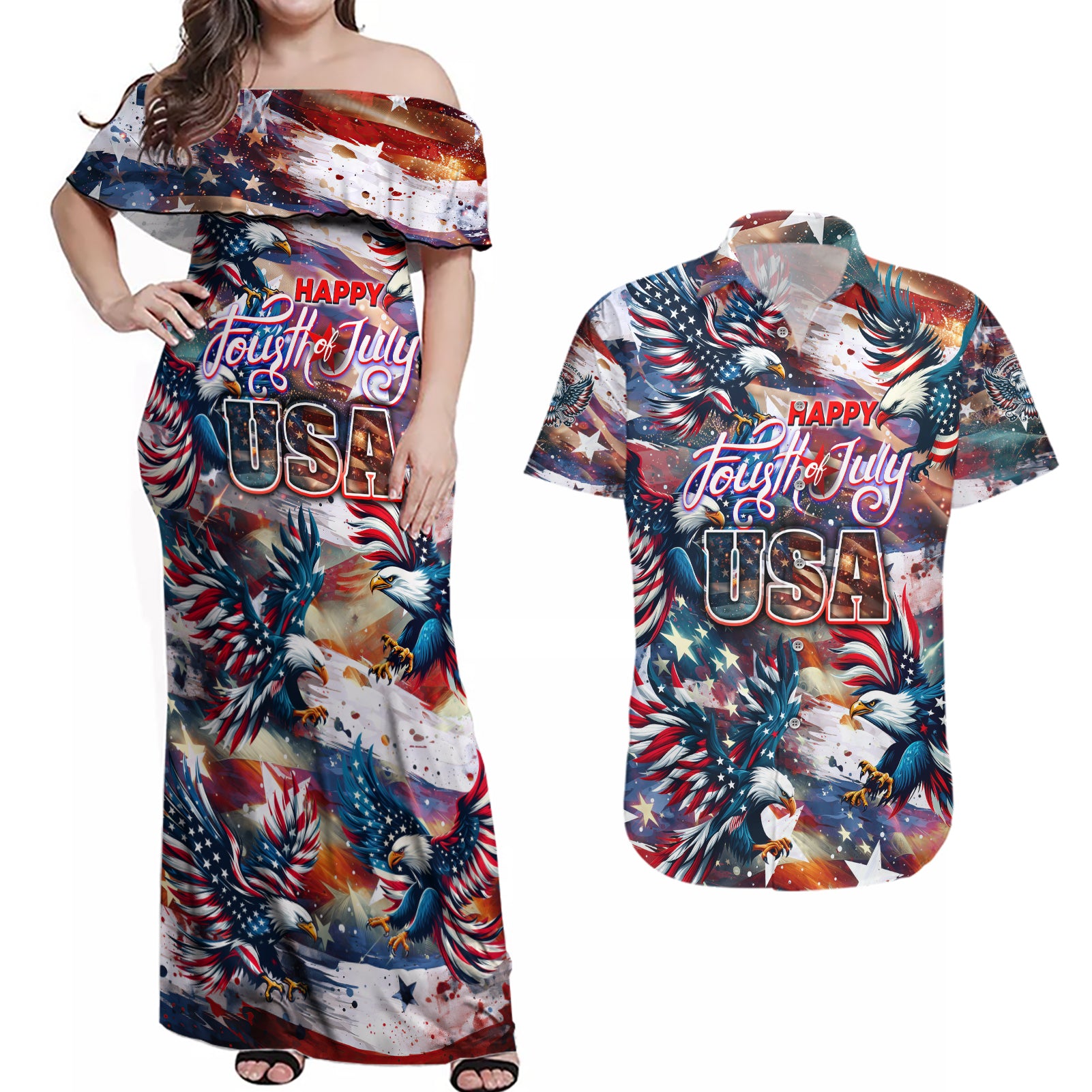 Happy Fourth of July Couples Matching Off Shoulder Maxi Dress and Hawaiian Shirt American Eagle Flag US Independence Day - Wonder Print Shop