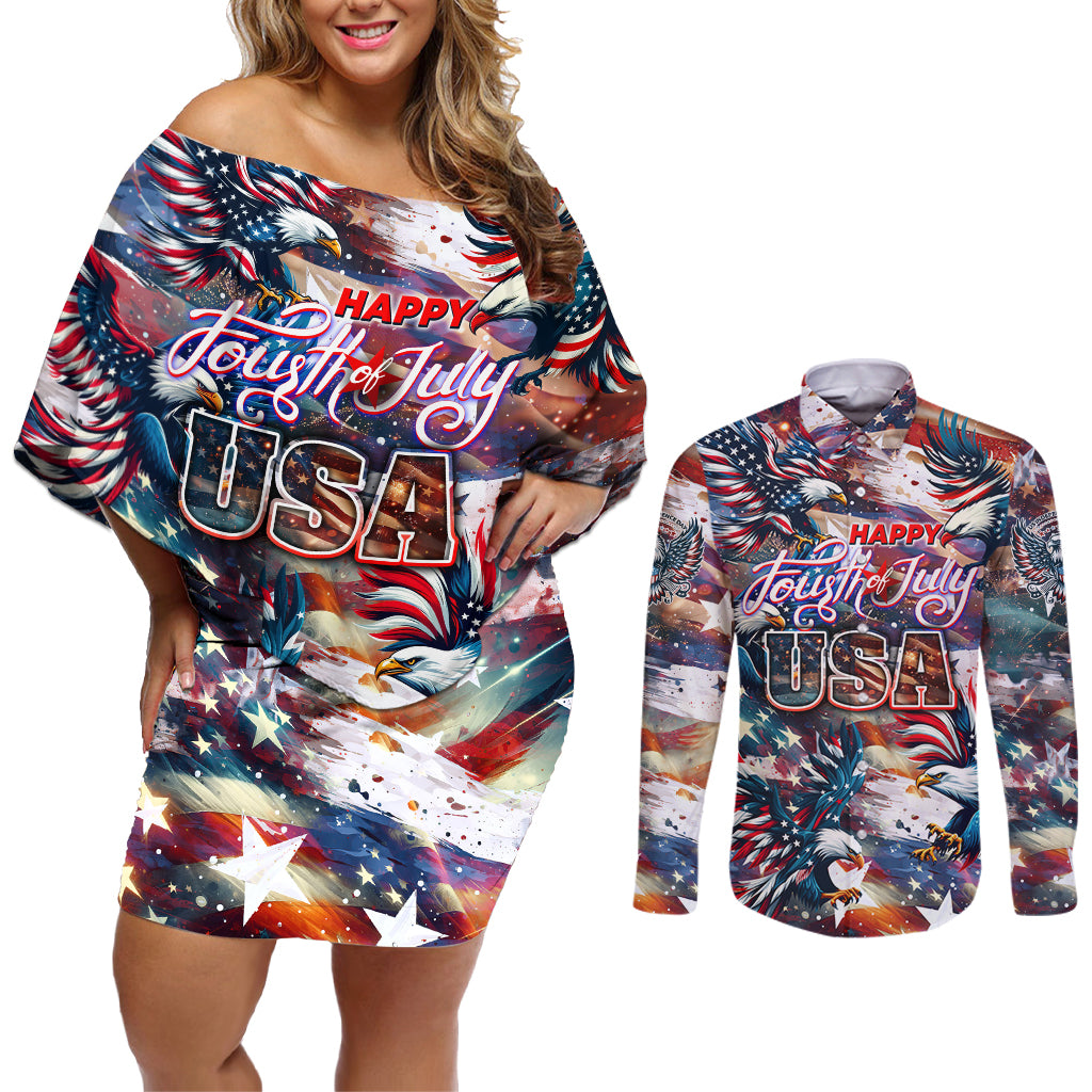 Happy Fourth of July Couples Matching Off Shoulder Short Dress and Long Sleeve Button Shirt American Eagle Flag US Independence Day - Wonder Print Shop