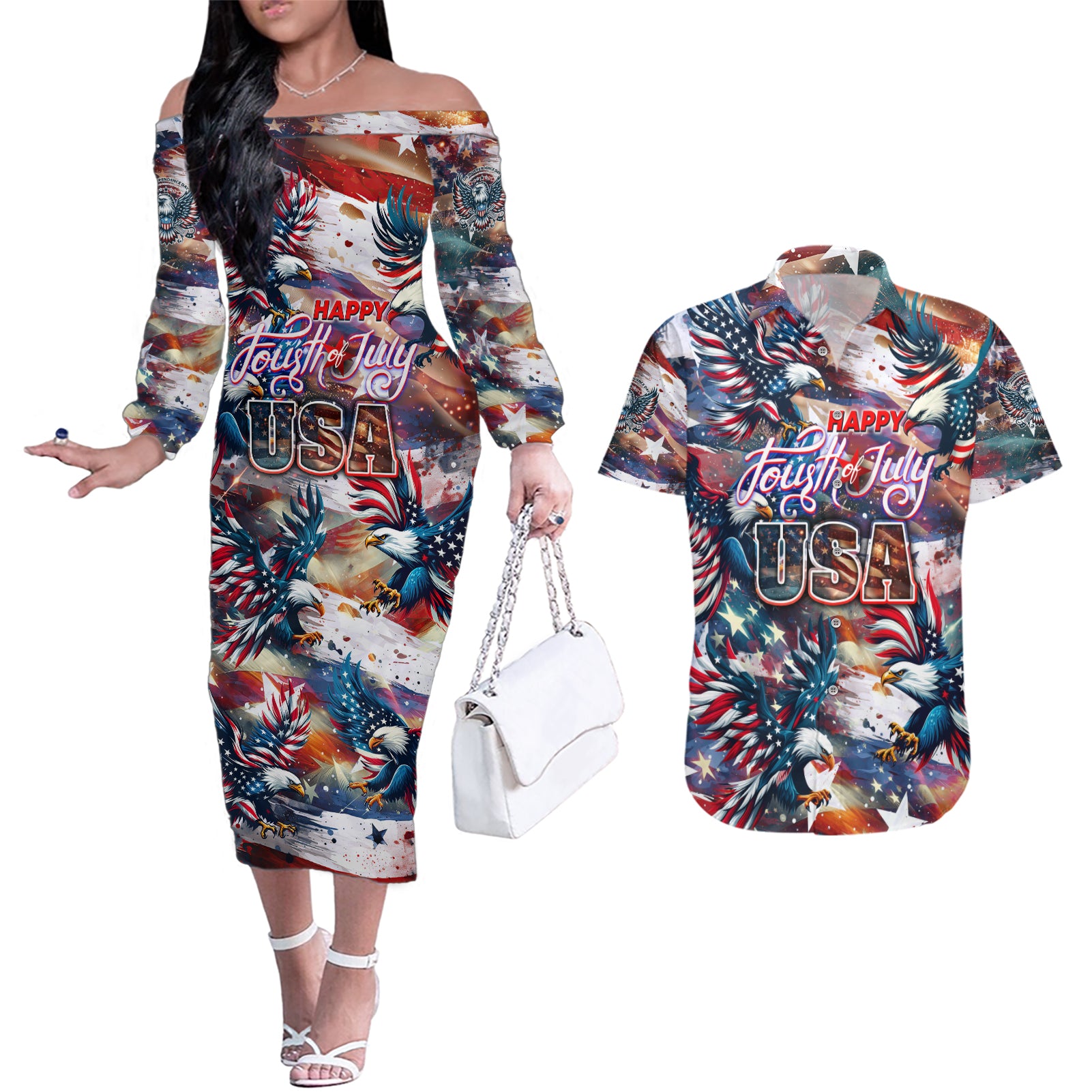 Happy Fourth of July Couples Matching Off The Shoulder Long Sleeve Dress and Hawaiian Shirt American Eagle Flag US Independence Day - Wonder Print Shop